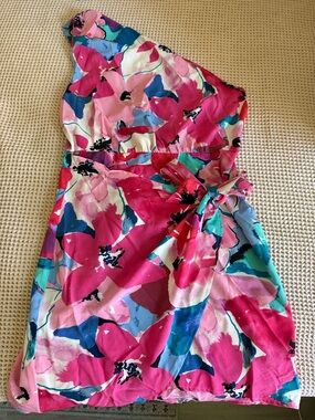 One-Shoulder Floral Dress in Bright Pink & Aqua
